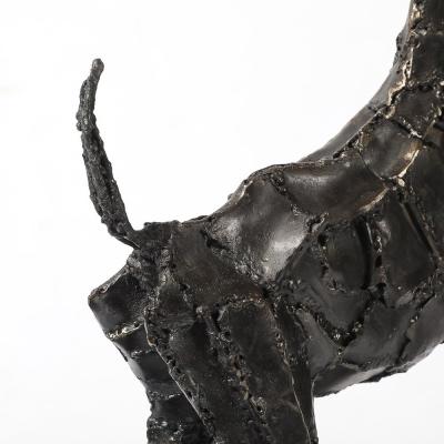 Mid Century Brutalist Welded Bronze Sculpture of a Leaping Goat on Wood Base