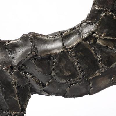 Mid Century Brutalist Welded Bronze Sculpture of a Leaping Goat on Wood Base