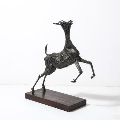 Mid Century Brutalist Welded Bronze Sculpture of a Leaping Goat on Wood Base