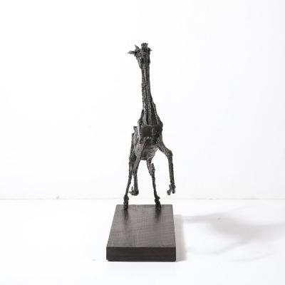 Mid Century Brutalist Welded Bronze Sculpture of a Leaping Goat on Wood Base