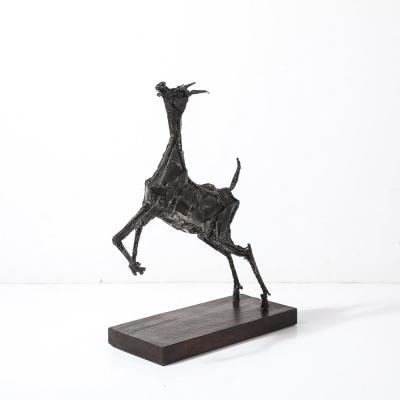 Mid Century Brutalist Welded Bronze Sculpture of a Leaping Goat on Wood Base