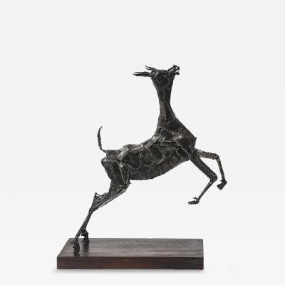 Mid Century Brutalist Welded Bronze Sculpture of a Leaping Goat on Wood Base