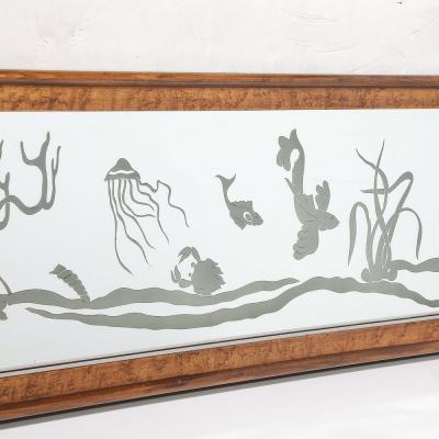 Mid Century Burled Walnut Bordered Mirror W Graphic Acid Etched Oceanic Motif