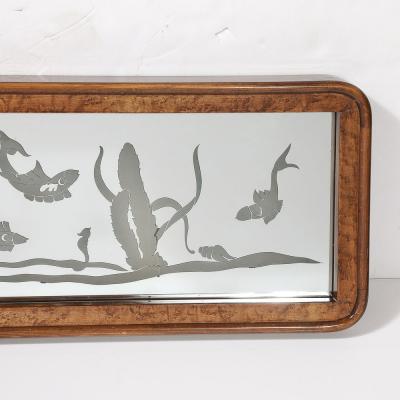Mid Century Burled Walnut Bordered Mirror W Graphic Acid Etched Oceanic Motif