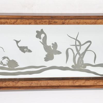 Mid Century Burled Walnut Bordered Mirror W Graphic Acid Etched Oceanic Motif