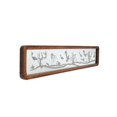 Mid Century Burled Walnut Bordered Mirror W Graphic Acid Etched Oceanic Motif