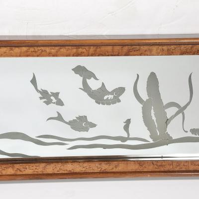 Mid Century Burled Walnut Bordered Mirror W Graphic Acid Etched Oceanic Motif