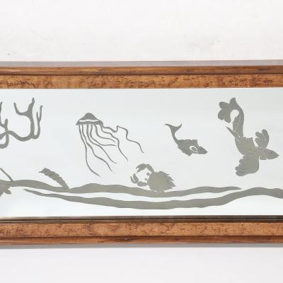 Mid Century Burled Walnut Bordered Mirror W Graphic Acid Etched Oceanic Motif