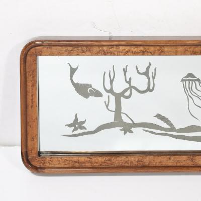 Mid Century Burled Walnut Bordered Mirror W Graphic Acid Etched Oceanic Motif