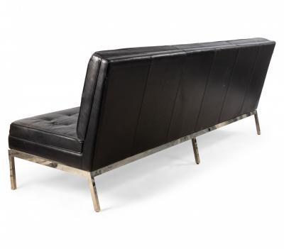 Mid Century Button Tufted Black Leather Armless 3 Seat Sofa