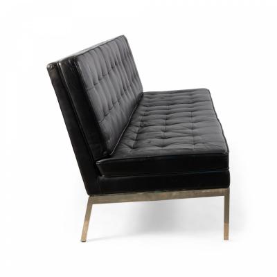 Mid Century Button Tufted Black Leather Armless 3 Seat Sofa