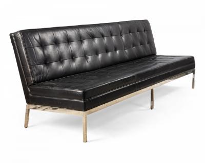 Mid Century Button Tufted Black Leather Armless 3 Seat Sofa