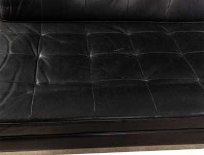 Mid Century Button Tufted Black Leather Armless 3 Seat Sofa