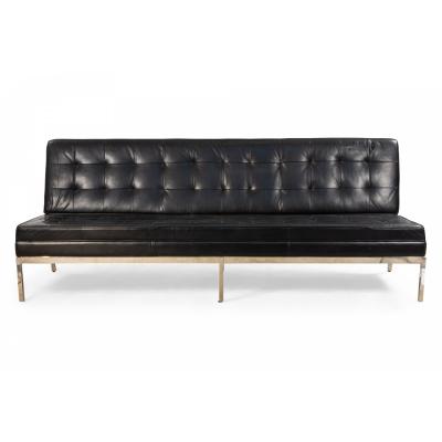 Mid Century Button Tufted Black Leather Armless 3 Seat Sofa