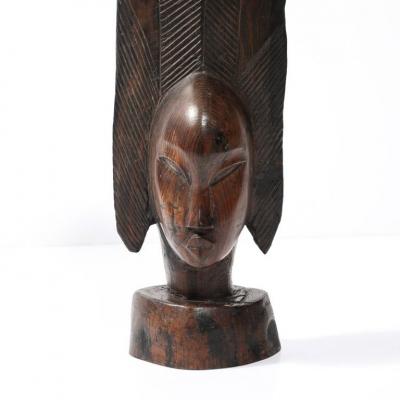 Mid Century Carved Female Bust in Ebony Hardwood W Herringbone Pattern