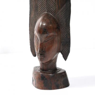 Mid Century Carved Female Bust in Ebony Hardwood W Herringbone Pattern