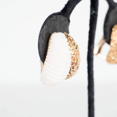 Mid Century Carved White Coral Textured Gold Double Half Hoop Design Earrings