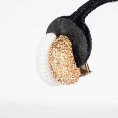 Mid Century Carved White Coral Textured Gold Double Half Hoop Design Earrings