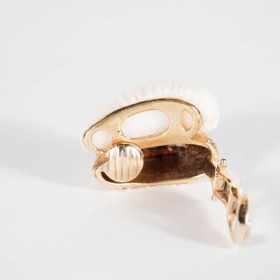 Mid Century Carved White Coral Textured Gold Double Half Hoop Design Earrings