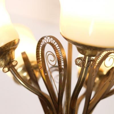 Mid Century Ceiling Lamp in Brass Glass with Spring Decorations Finland 1950s