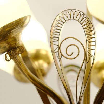 Mid Century Ceiling Lamp in Brass Glass with Spring Decorations Finland 1950s