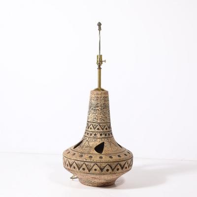 Mid Century Ceramic Table Lamp w Geometric Umber Motifs Organic Cutout Detail