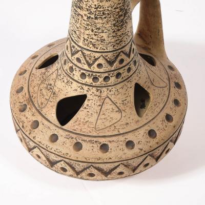 Mid Century Ceramic Table Lamp w Geometric Umber Motifs Organic Cutout Detail