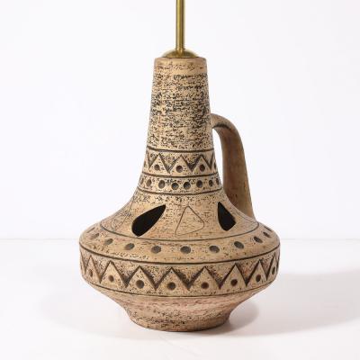 Mid Century Ceramic Table Lamp w Geometric Umber Motifs Organic Cutout Detail