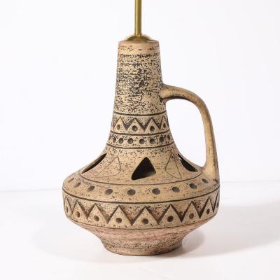 Mid Century Ceramic Table Lamp w Geometric Umber Motifs Organic Cutout Detail