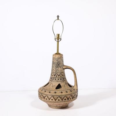 Mid Century Ceramic Table Lamp w Geometric Umber Motifs Organic Cutout Detail