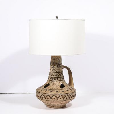 Mid Century Ceramic Table Lamp w Geometric Umber Motifs Organic Cutout Detail