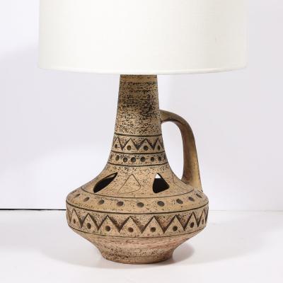 Mid Century Ceramic Table Lamp w Geometric Umber Motifs Organic Cutout Detail