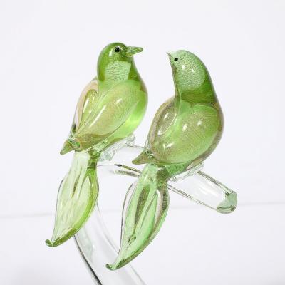 Mid Century Chartreuse Transparent Hand Blown Murano Glass Bird Sculptures