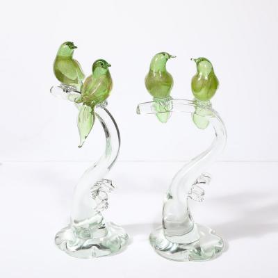 Mid Century Chartreuse Transparent Hand Blown Murano Glass Bird Sculptures