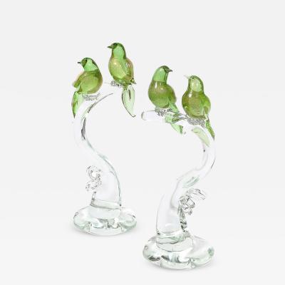 Mid Century Chartreuse Transparent Hand Blown Murano Glass Bird Sculptures