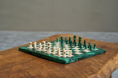 Mid Century Chess Set in Malachite and Brass 1960s
