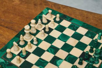 Mid Century Chess Set in Malachite and Brass 1960s