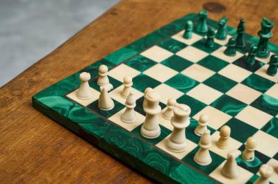 Mid Century Chess Set in Malachite and Brass 1960s