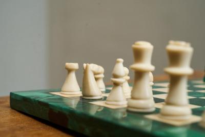 Mid Century Chess Set in Malachite and Brass 1960s