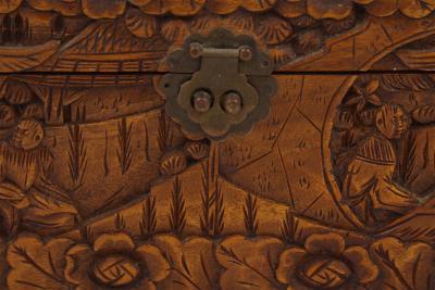 Mid Century Chinese Wooden Scenic Design Carved Hinge Top Box