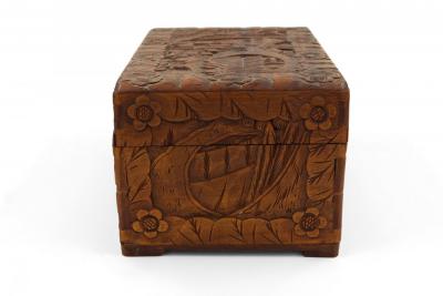 Mid Century Chinese Wooden Scenic Design Carved Hinge Top Box