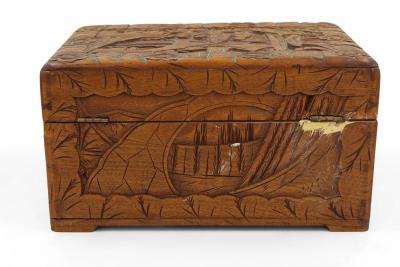 Mid Century Chinese Wooden Scenic Design Carved Hinge Top Box