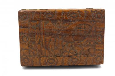 Mid Century Chinese Wooden Scenic Design Carved Hinge Top Box