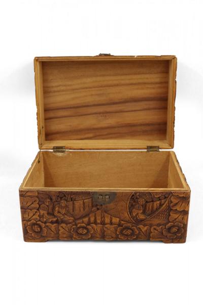 Mid Century Chinese Wooden Scenic Design Carved Hinge Top Box