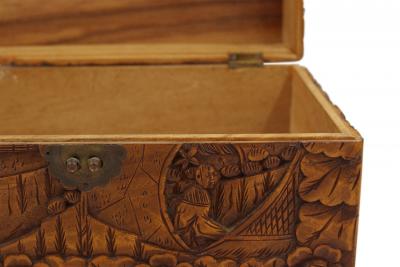 Mid Century Chinese Wooden Scenic Design Carved Hinge Top Box
