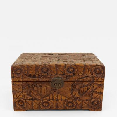 Mid Century Chinese Wooden Scenic Design Carved Hinge Top Box