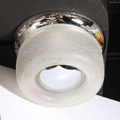 Mid Century Chrome Flush Mount Chandelier with Spun Frosted Textural Shade