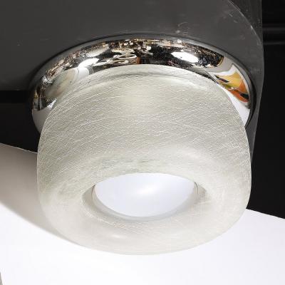 Mid Century Chrome Flush Mount Chandelier with Spun Frosted Textural Shade