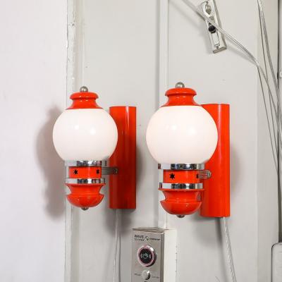 Mid Century Chrome Glass Vermillion Enamel Portico Sconces w Star Cutouts