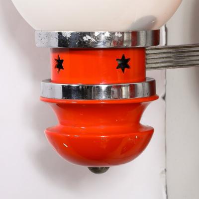 Mid Century Chrome Glass Vermillion Enamel Portico Sconces w Star Cutouts